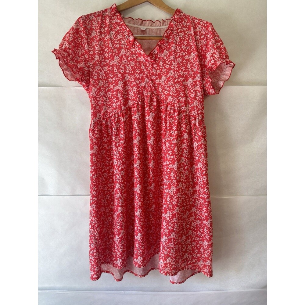 Womens Medium Red Ditsy Floral V-Neck Ruffled Sleeve Babydoll Mini Dress Summer